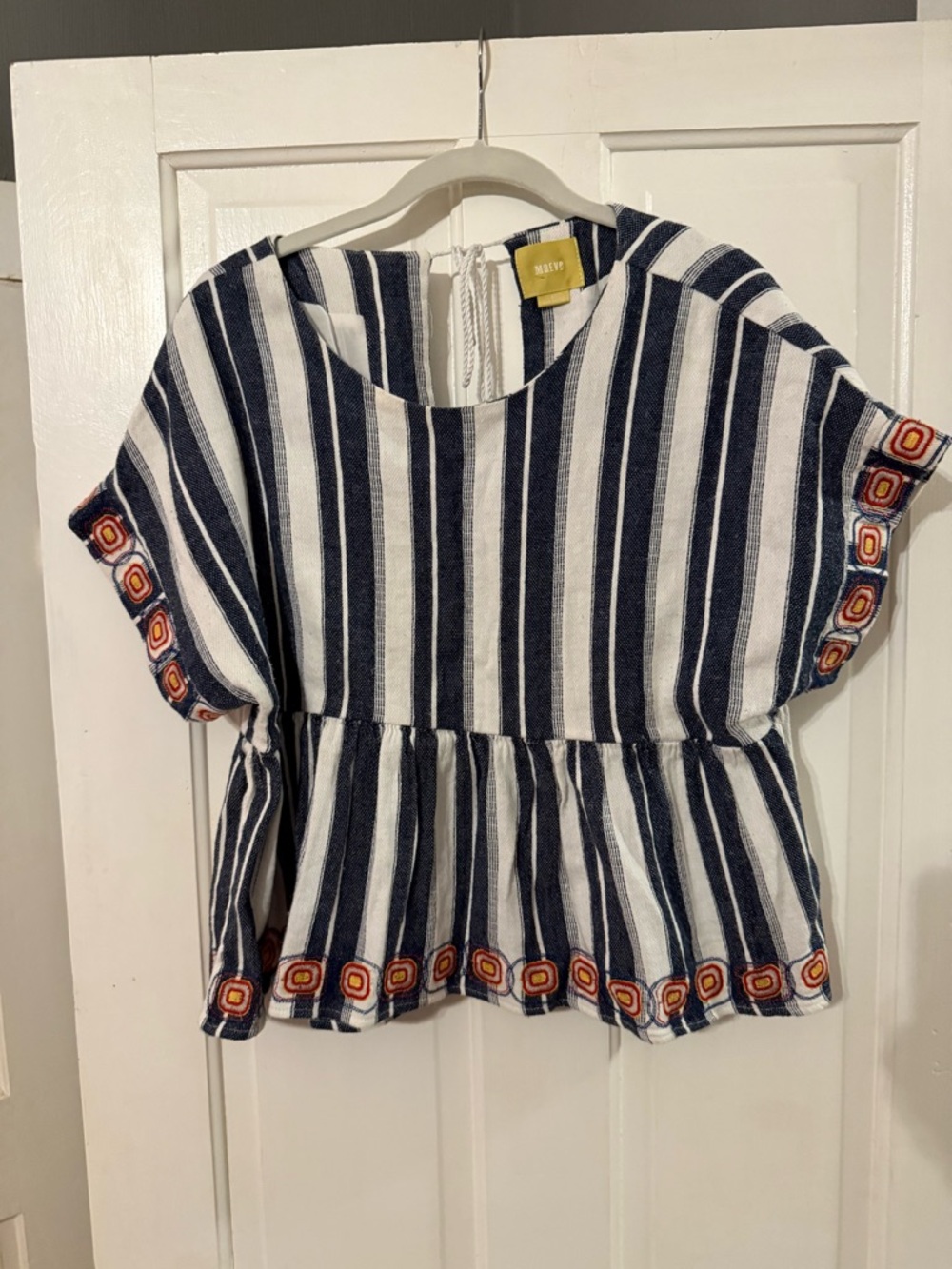 Maeve Navy & White Striped Peplum Top with Embroidered Trim